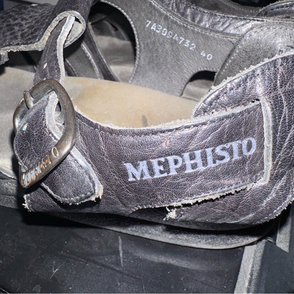Mephisto Dark Leather Buckle Sandals